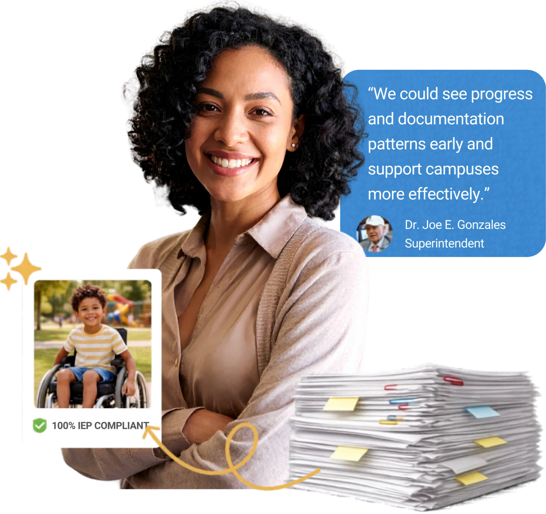 An educator smiling alongside a district leader’s testimonial and student progress cards