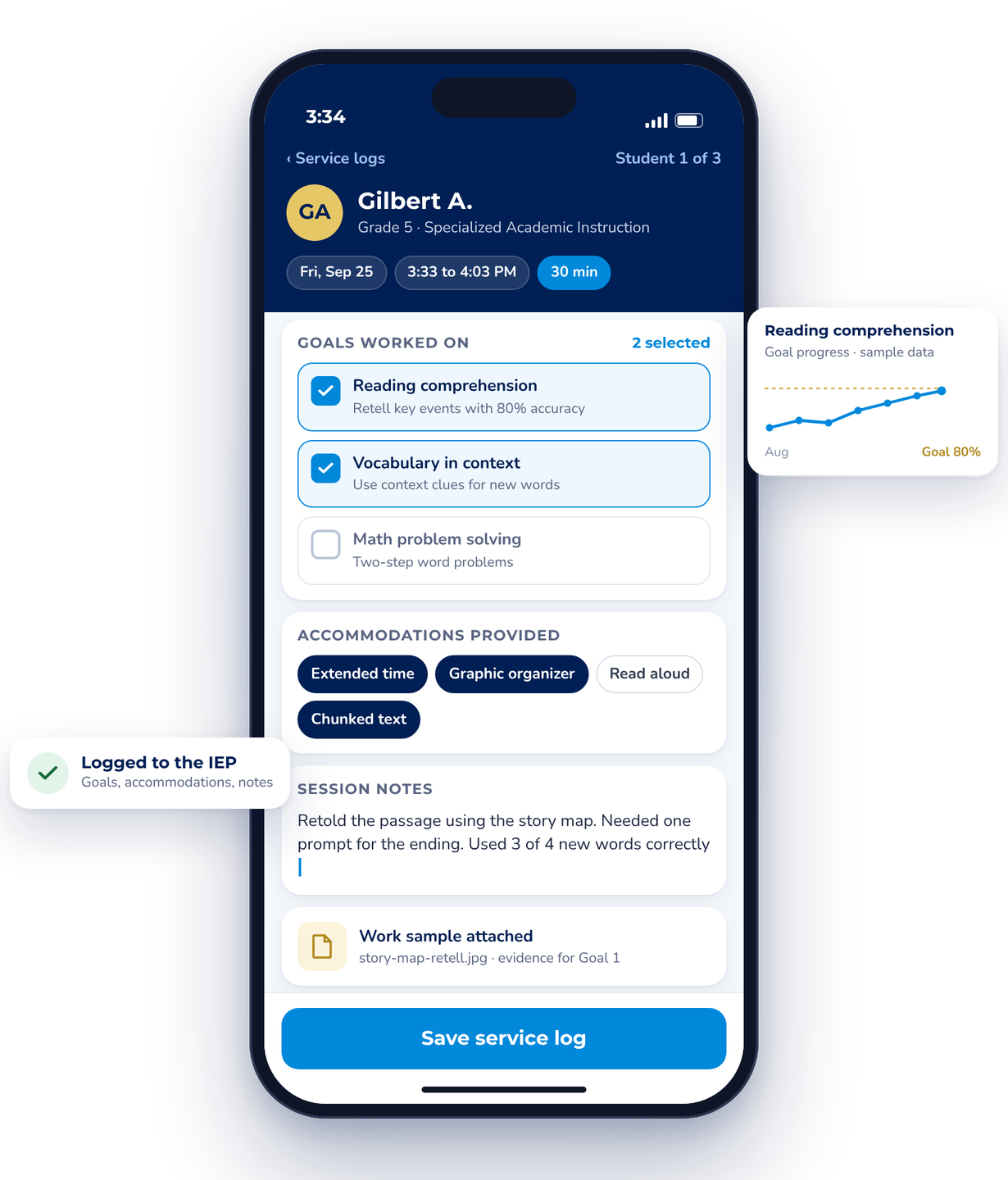 IEP Assure on a phone: logging a 30-minute service session with the goal addressed and session notes