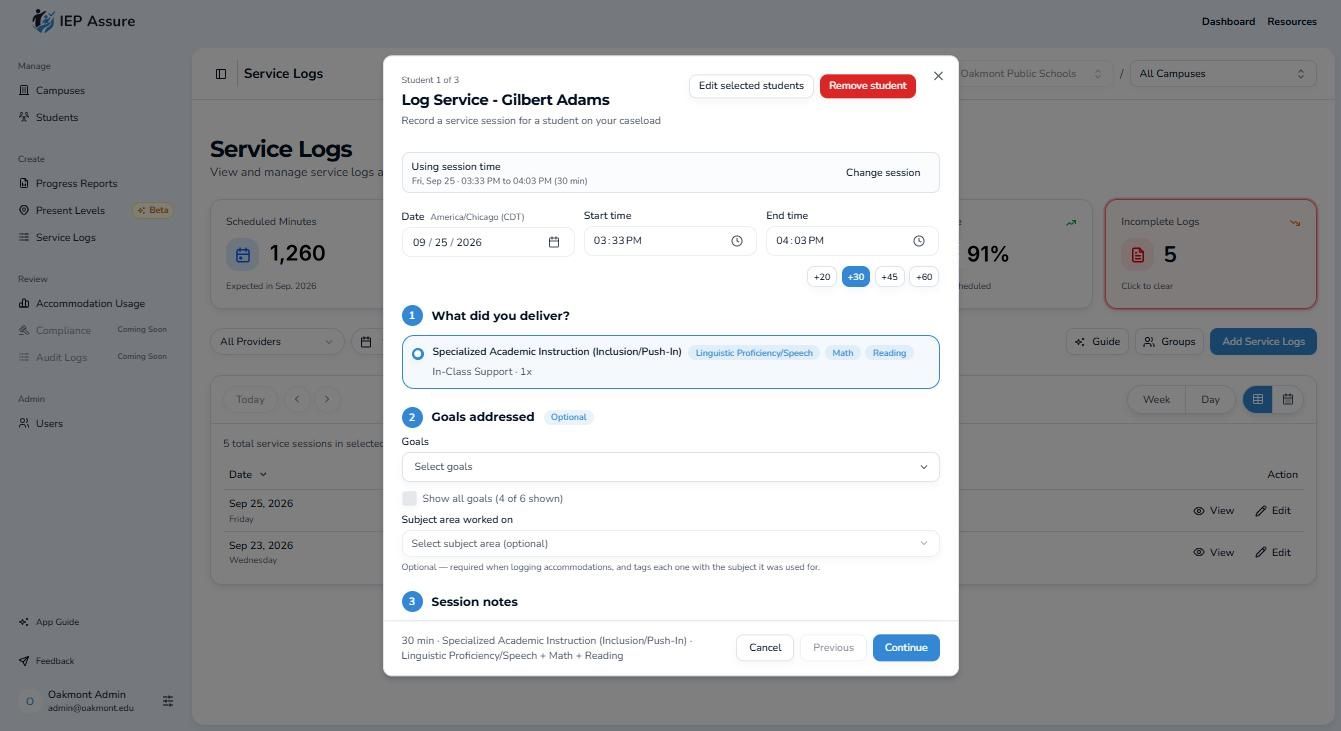 Logging a service for a group of students